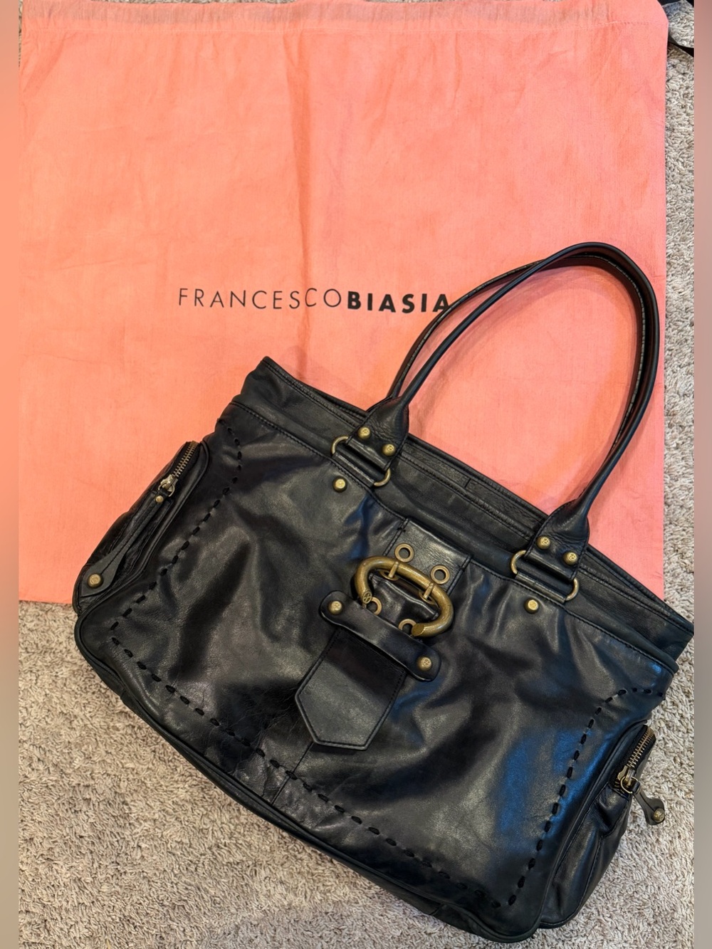 Francesco Biasia Black Genuine Leather Large Work Tote Bag
